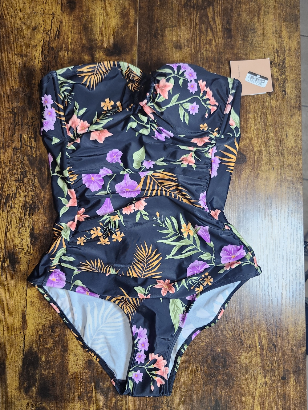 Shade & Shore Black Floral One-Piece Swimsuit with Purple and Coral Flowers